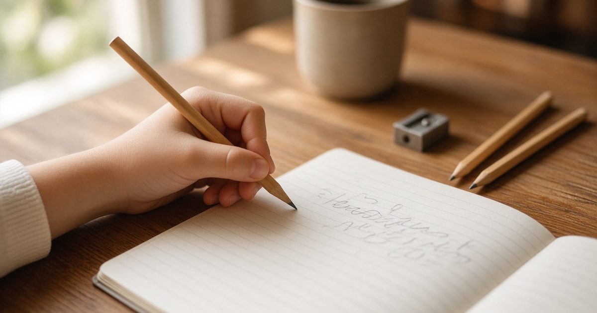 Mano de un niño o una niña escribiendo con lápiz en un cuaderno de rayas, sobre una mesa de madera junto a una ventana.