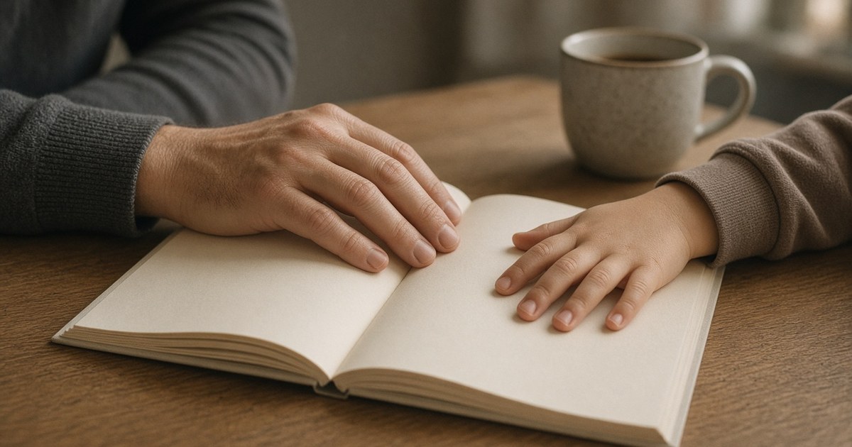 Manos de una persona adulta y de un niño o una niña sobre un libro abierto en una mesa de madera, con una taza al fondo.