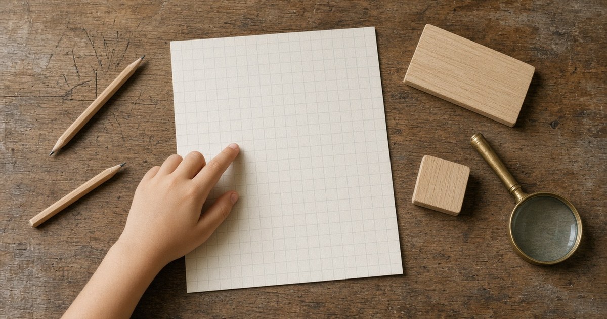 Vista desde arriba de una mesa de madera con papel cuadriculado, lápices, piezas de madera y una lupa, y una mano infantil señalando el papel.