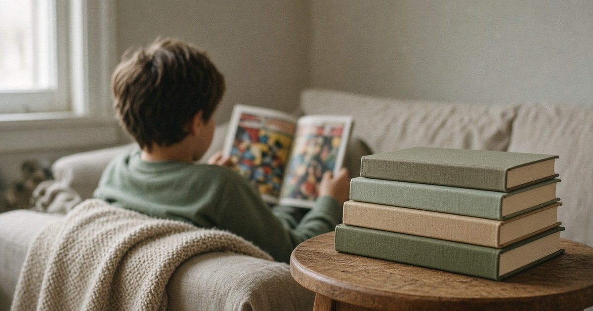 Niño o niña de espaldas en el sofá leyendo un cómic, con una pila de libros cerrados en una mesita en primer plano.