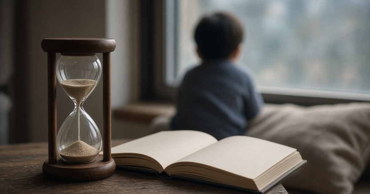 Reloj de arena y libro abierto junto a la ventana, con una figura infantil desenfocada al fondo mirando afuera.