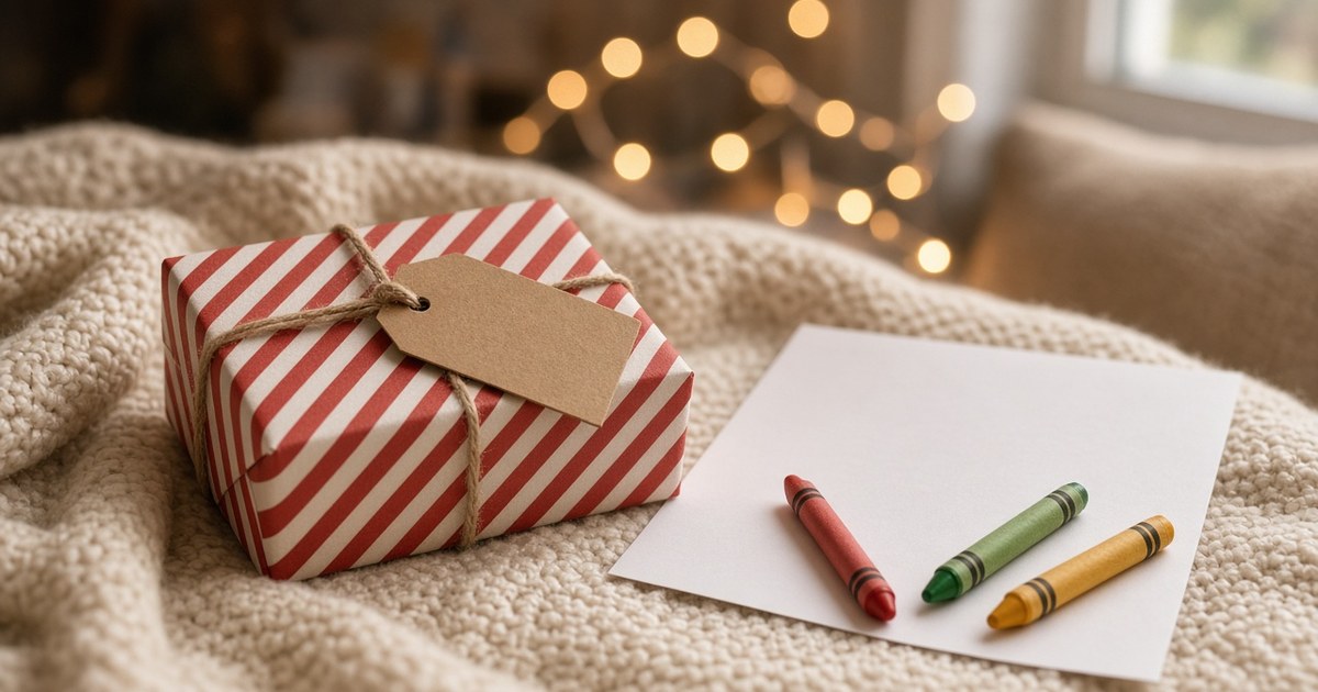 Regalo envuelto en papel de rayas rojas y blancas con una etiqueta de cartón, junto a una hoja en blanco y tres ceras de colores sobre una manta de punto, con luces navideñas desenfocadas al fondo.
