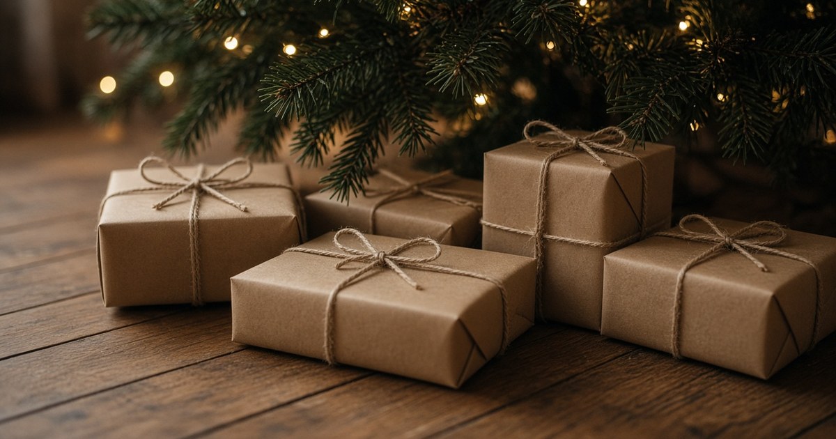 Regalos envueltos en papel kraft con lazos de cordel en el suelo de madera, bajo las ramas de un árbol de Navidad con luces desenfocadas.